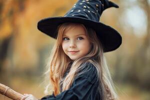 A young girl wearing a witch hat smiles while holding a broomstick in a forest during autumn. photo