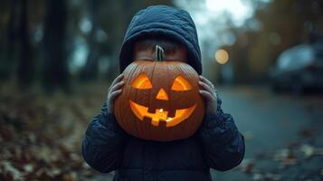 A child wearing a dark jacket holds a carved pumpkin featuring a smiling face on a quiet autumn evening. photo