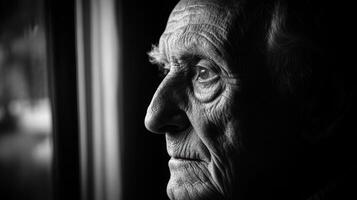 An elderly man's reflective gaze through a window during a quiet afternoon, capturing a moment of contemplation and solitude. photo