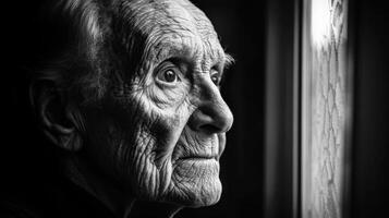 Elderly man gazes pensively out of a window, reflecting on life during a quiet afternoon in his cozy home. photo