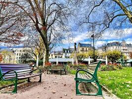 Benches in a park with colorful leaves, trees and blue sky in autumn photo