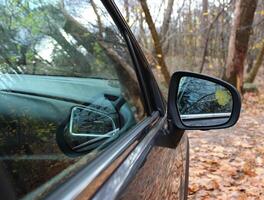 Small Pale Yellow Leaf On A Mirror Of Car Parked In Forest photo