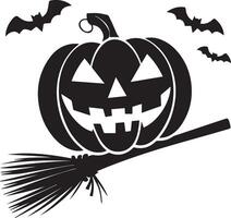 A Halloween pumpkin ghost with broom icon designed for multipurpose use. The design is creepy, ominous, and haunting, making it perfect for logos, posters, t-shirt designs, and other graphic projects vector