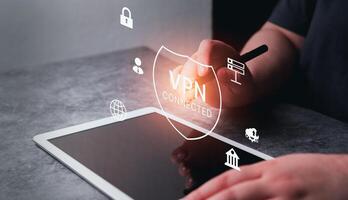 VPN Virtual Private Network protocol concept, Woman use digital tablet with vpn icon on hologram interface. VPN concept. photo