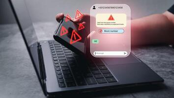Woman use smartphone and receives message from suspected number scam. Unwanted anonymous call. Fraud and phishing phone concept. Message from stranger. photo
