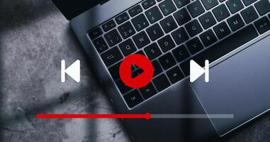 Virtual streaming on internet. Watching online movie, TV series, show or tutorial on laptop. Multimedia player. Subscription stream or channels. photo