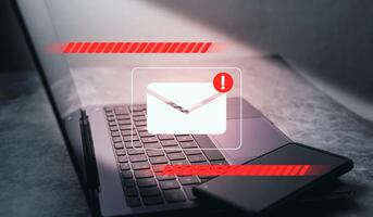 Alert email and spam virus with warning for notification. Letter security protect. Junk and trash mail and compromised information. photo