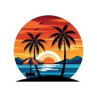 Vintage Summer a sunset with Palm trees and Beach Minimalist Illustration vector