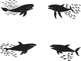 silhouette icon whales open mouth chasing small vector