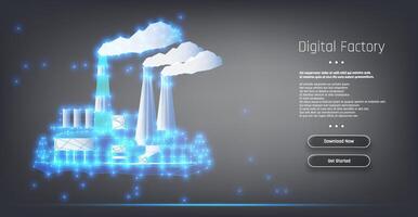 A digital representation of a modern factory with glowing elements illustrating advanced manufacturing technology and innovation in industry vector