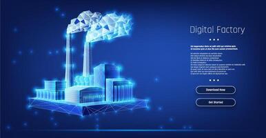 A futuristic digital factory skyline with glowing elements represents advanced technology and innovation in manufacturing vector