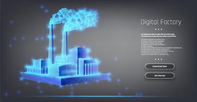 A futuristic digital factory illustration showcasing industrial architecture with smokestacks set against a sleek gray background vector