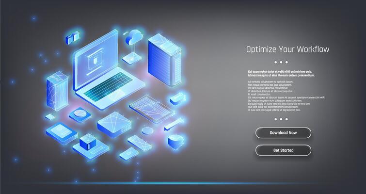 A digital workspace with a laptop and various icons representing cloud storage and productivity tools in a modern design