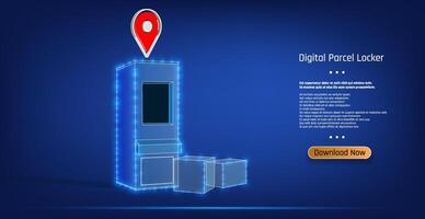 Digital parcel locker with holographic design and delivery boxes set against a blue background promoting secure package retrieval vector