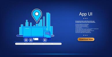 Colorful banner for a delivery app featuring a modern cityscape background, a yellow delivery truck with a large location pin, and a call-to-action button. Ideal for app design, vector