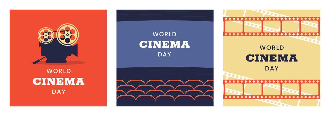 World Cinema Day square banners set. December 28. Retro colors. Minimal holiday concept. Template for background, social media post, web banner, card, poster with text inscription. Camera film