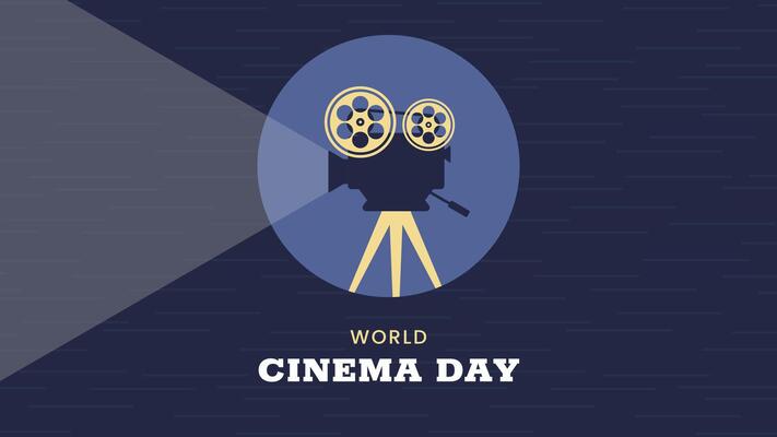 World Cinema Day horizontal banner. December 28. Retro colors. Minimal holiday concept. Template for background, social media post, web banner, card, poster with text inscription. Camera film