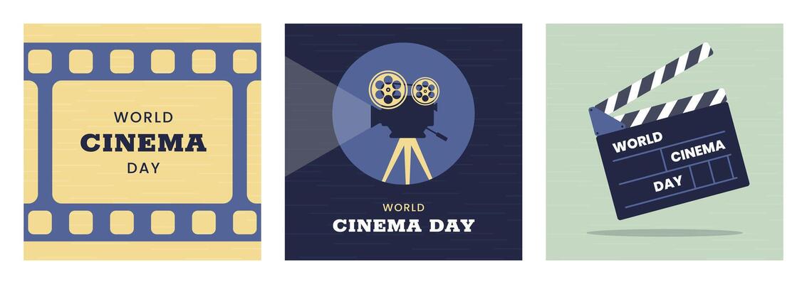 World Cinema Day square banners set. December 28. Retro colors. Minimal holiday concept. Template for background, social media post, web banner, card, poster with text inscription. Camera film