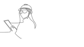 Animated drawing of continuous line draw architect meeting at construction site to talk blueprint design to team member. Building architecture concept. Single line animation. High quality 4k footage video
