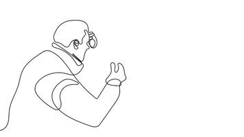Simple, single-line sketch of an architect and construction crew reviewing plans together at the building site. video