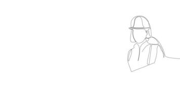 Animated drawing of continuous line draw architect meeting at construction site to talk blueprint design to team member. Building architecture concept. Single line animation. High quality 4k footage video