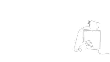 One smooth line sketch of a construction site meeting where architects discuss blueprints with their team video