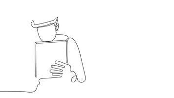 A flowing line captures an architect leading a team through a blueprint discussion at a construction site. video