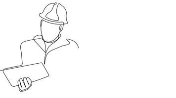 A single stroke drawing of architects and site workers engaged in blueprint discussions for a project. video