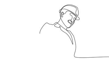 Animated drawing of continuous line draw architect meeting at construction site to talk blueprint design to team member. Building architecture concept. Single line animation. High quality 4k footage video