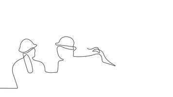 Animated drawing of continuous line draw architect meeting at construction site to talk blueprint design to team member. Building architecture concept. Single line animation. High quality 4k footage video