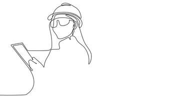 One continuous line illustration of architects collaborating with construction workers to review blueprints at a site. video