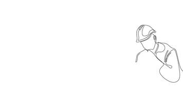 Animated drawing of continuous line draw architect meeting at construction site to talk blueprint design to team member. Building architecture concept. Single line animation. High quality 4k footage video