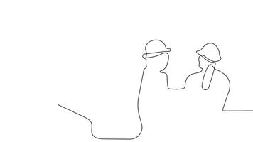Animated drawing of continuous line draw architect meeting at construction site to talk blueprint design to team member. Building architecture concept. Single line animation. High quality 4k footage video