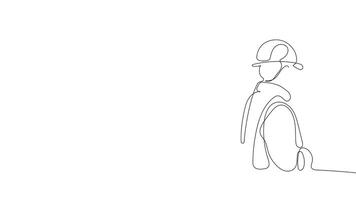 Continuous line drawing of an architect reviewing a blueprint with construction workers at a job site. video