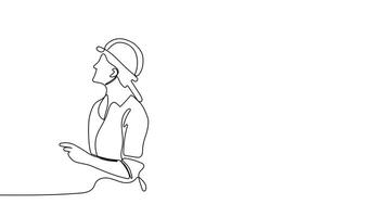 Animated drawing of continuous line draw architect meeting at construction site to talk blueprint design to team member. Building architecture concept. Single line animation. High quality 4k footage video