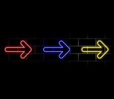 Abstract background with glowing neon lights of blue pink colors on opposite facing arrows on shiny reflecting stage vector