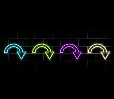 Two neon indicators on brick wall. Download and next symbol. Colorful pointer. Bright flyer. Simple arrow. Glowing poster. Editable stroke. stock illustration vector