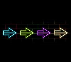 Realistic neon arrows. Different color pointers. Advertising sign design. Different shapes luminous objects. Shining line lamps. Lighting direction symbols. vector