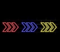 Futuristic Sci-Fi Arrow Shaped Neon Tube Vibrant Purple And Blue Glowing Lights On 3d Tilted space with reflection in Empty Space illustration. vector