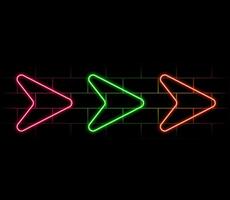 Neon arrow sign. Set of red futuristic glowing neon arrow pointer on brick wall background vector