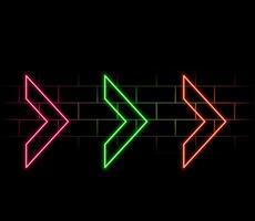 Neon arrow icon. Glowing neon swipe up sign, outline arrow pointer silhouette in vivid colors. Arrowhead and cursor navigation, movement direction, motion way. icon set, sign, symbol for UI vector