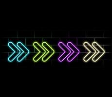 Neon arrow signs collection. Bright arrow pointer symbols on brick wall background. Set of colorful neon arrows, web icons. Banner design, bright advertising signboard elements. illustration. vector