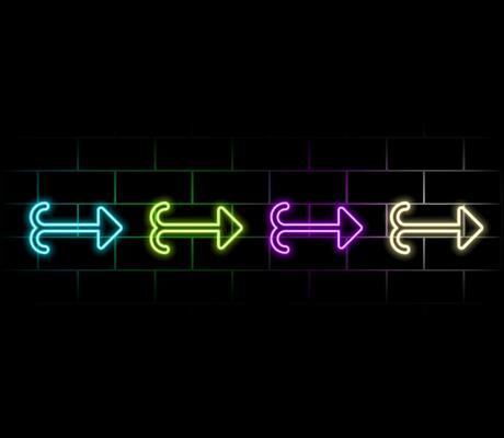 3d render, abstract minimalist colorful background. Two counter neon arrows approaching each other, linear graphics. Opposition concept