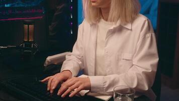 Caucasian woman female broker trader businesswoman business commerce trading crypto currency night late time working computer at home typing programming software happy girl looking at camera smiling video