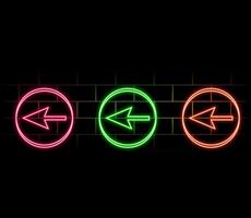 Neon arrow icon. Glowing neon motion sign, outline arrow pointer silhouette in vivid colors. Arrowhead and cursor navigation, movement direction, motion way. icon set, sign, symbol for UI vector