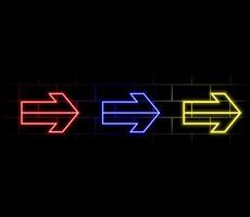 Glowing neon arrow pointer at dark set realistic illustration. Collection colorful retro shining light sign street signboard. Electricity illuminated information frame outside design decoration vector