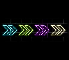 Neon futuristic arrow sign. Set of colorful glowing neon arrow pointer on brick wall background vector