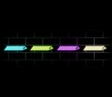 Two neon indicators on brick wall. Download and next symbol. Colorful pointer. Bright flyer. Simple arrow. Glowing poster. Editable stroke. stock vector