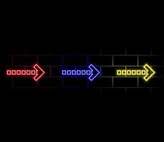 Bright blue neon light arrows pointing to the right. 3D rendering of glowing neon arrows on a black background. Flashing direction indicators. vector