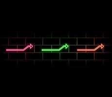 3d render, abstract minimalist geometric background. Two counter neon arrows approaching each other. Contradiction concept vector